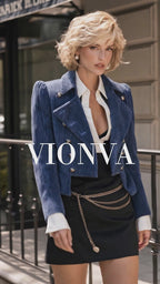 Retro Navy Corduroy Double‑breasted Women Blazer