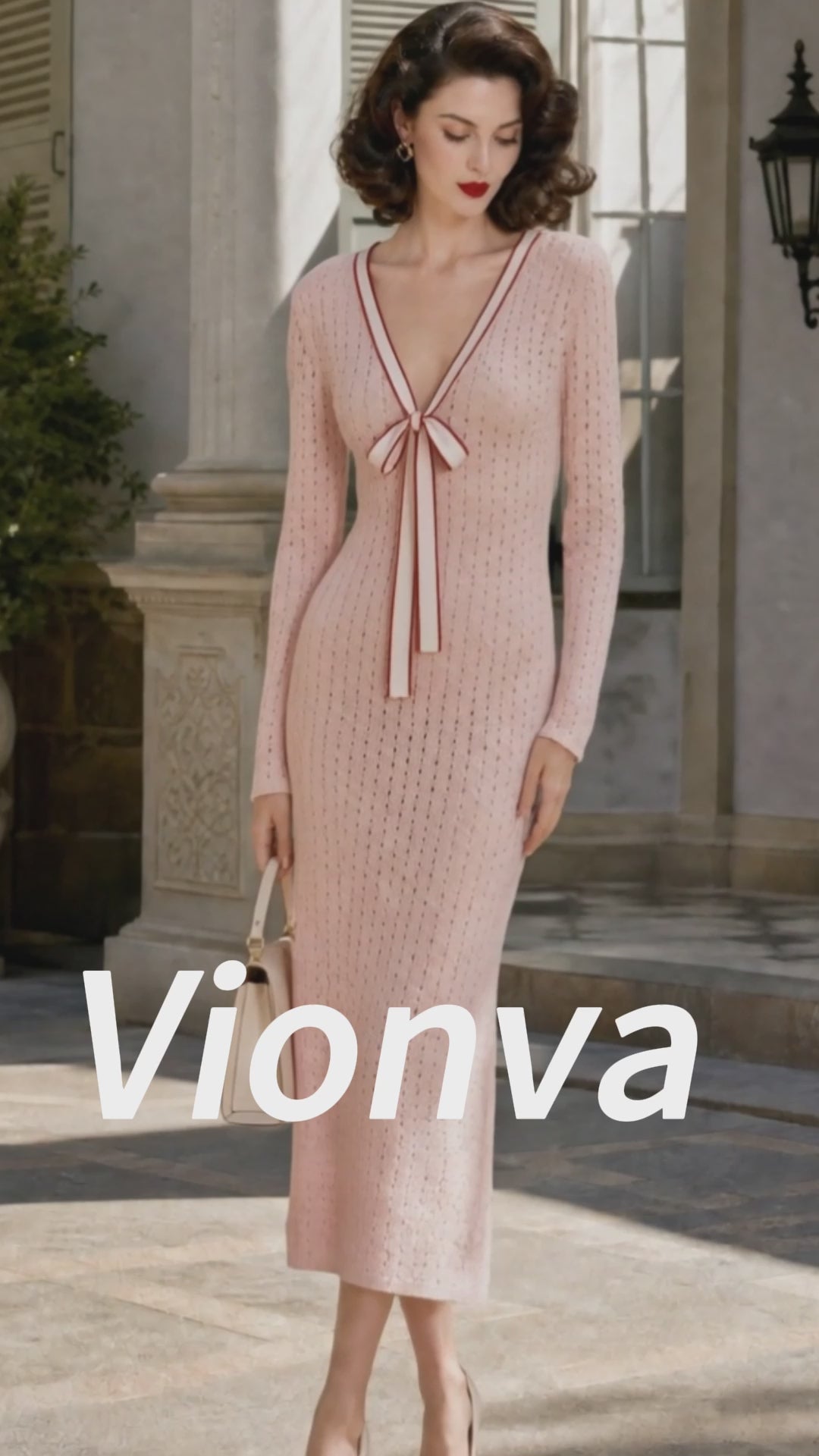 Vintage Pink Pointelle Bow-Neck V-Neck Knit Midi Dress