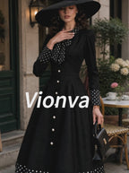 Vintage Black Polka Dot Bow Pearl-Button Midi Dress