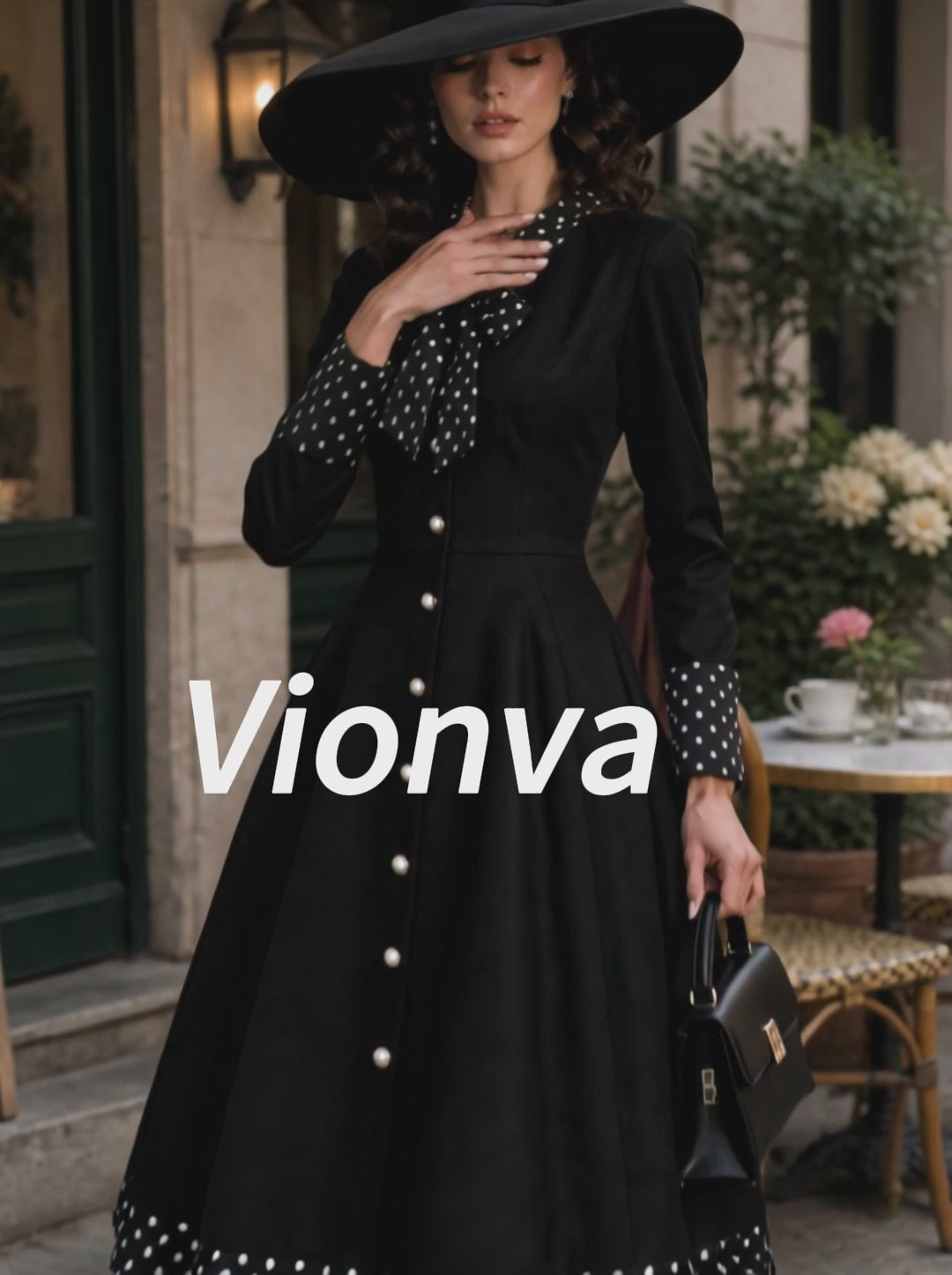 Vintage Black Polka Dot Bow Pearl-Button Midi Dress