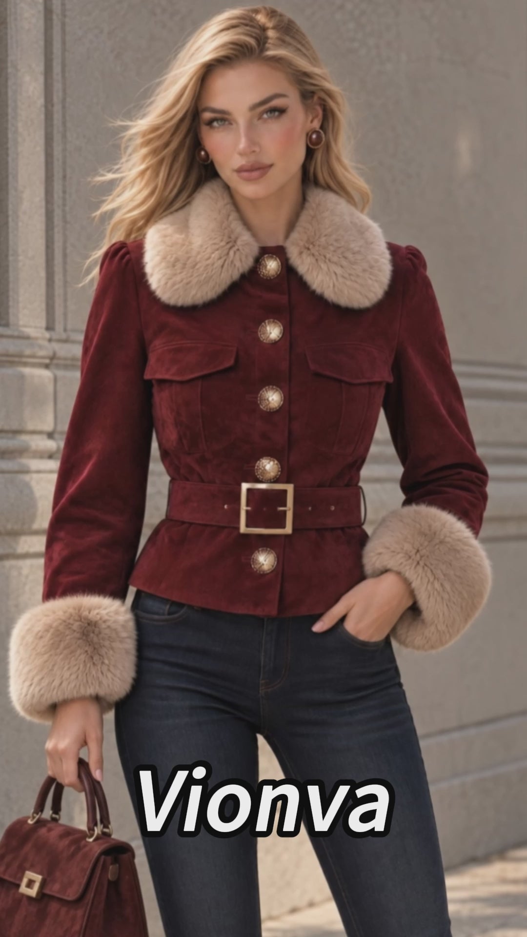 Vintage Faux Fur Collar Belted Jacket