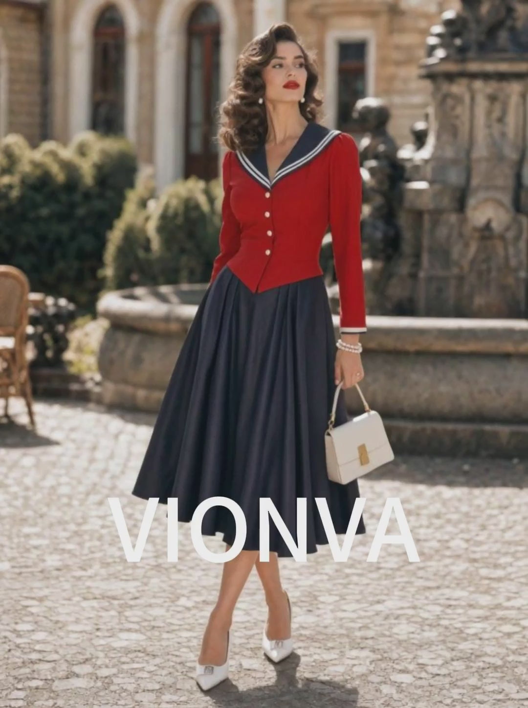 Vintage Sailor Collar Color Block Fitted Swing Midi Dress