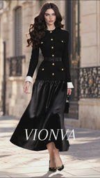 Vintage Stand Collar Gold Button Waist Fitted Patchwork Midi Dress
