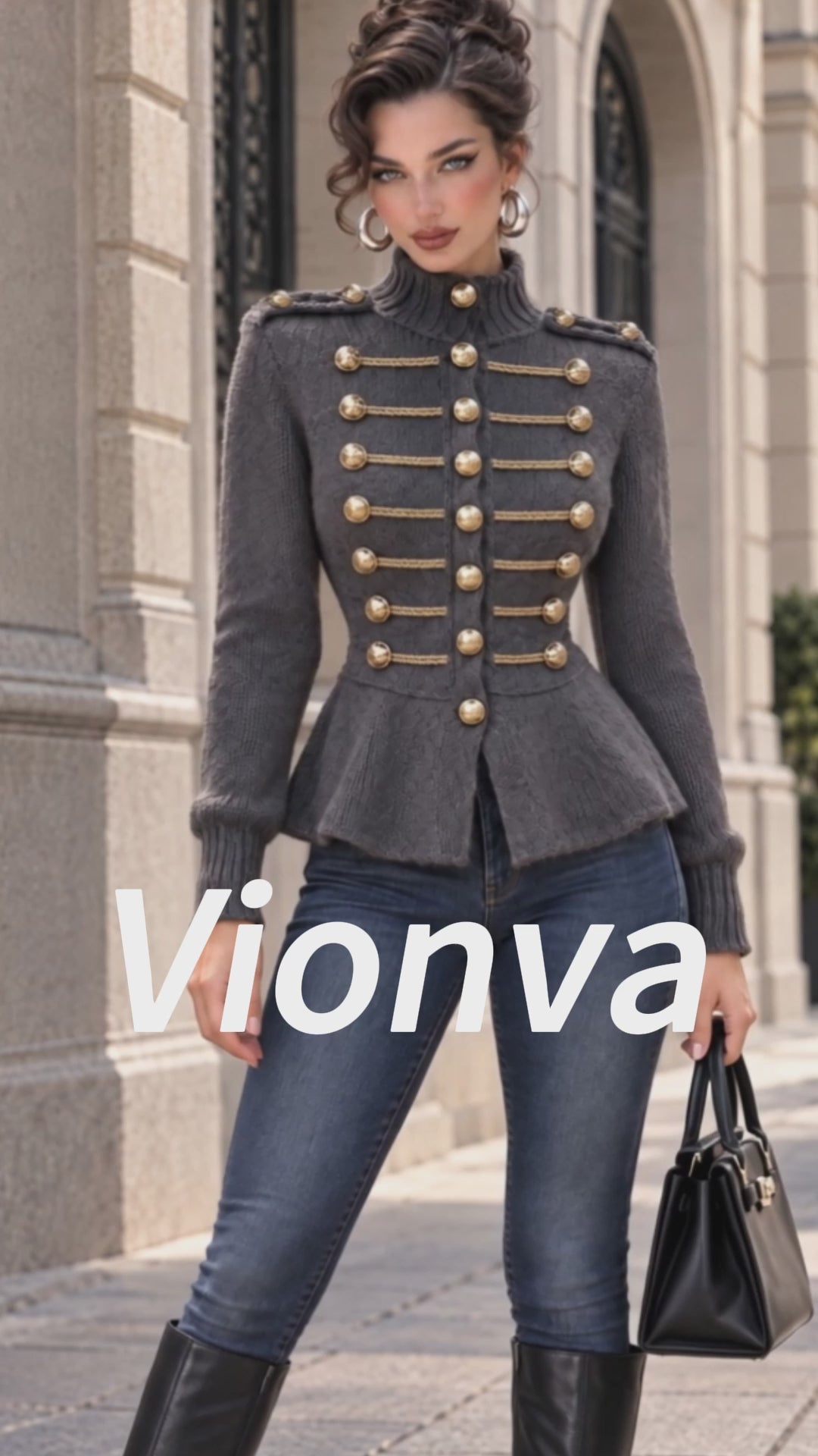 Vintage Military Button Mock Neck Peplum Sweater