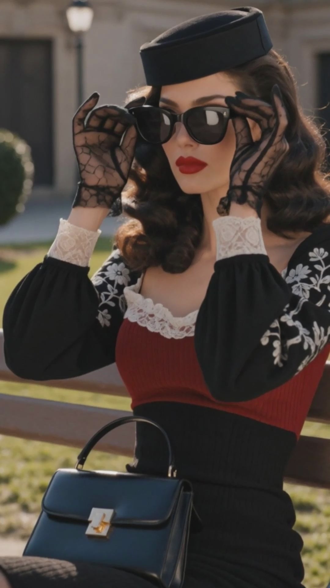 Vintage Black Lace-Trim Embroidered-Sleeve Bodycon Knit Dress