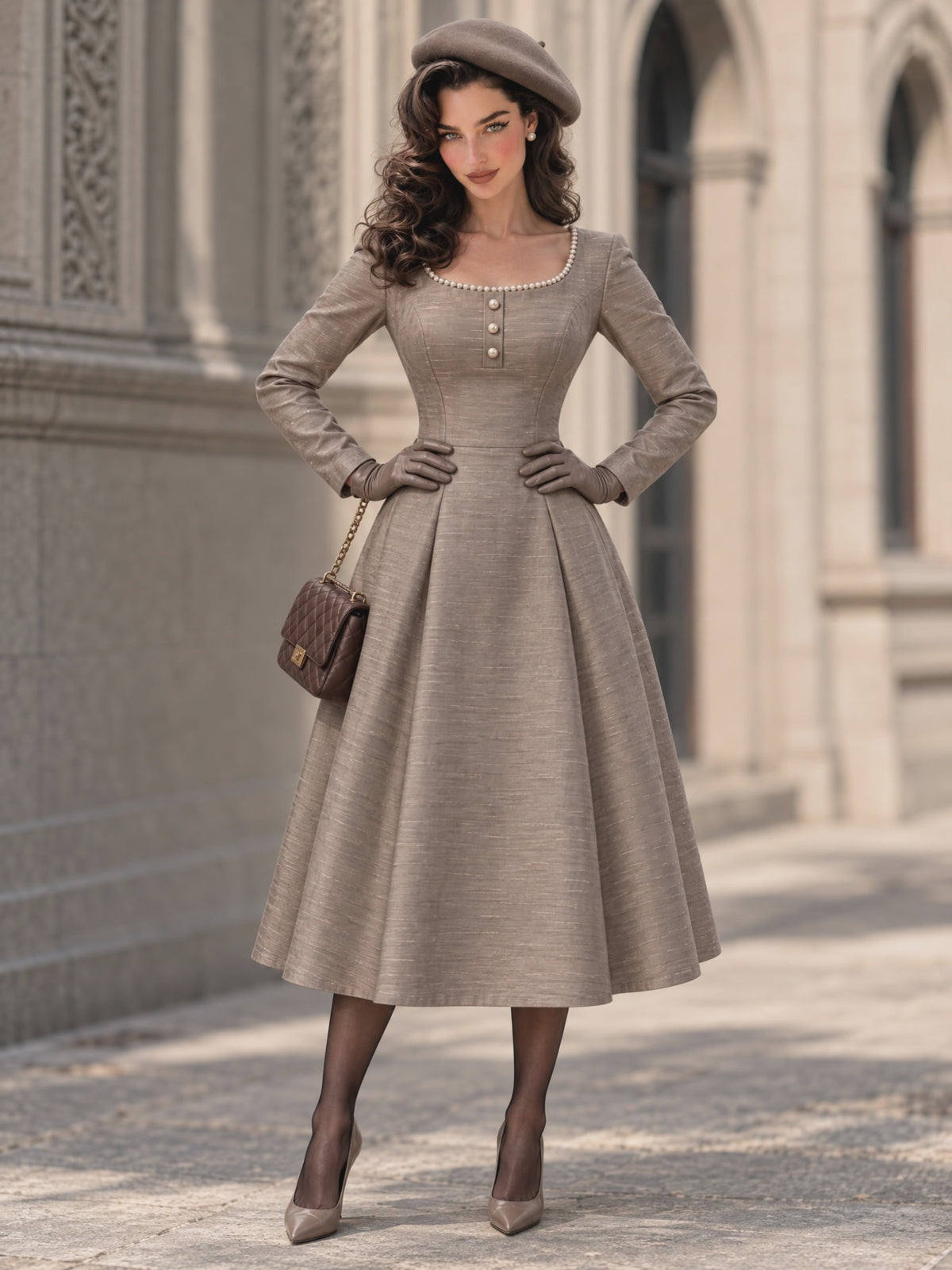 Taupe Scoop Neck Pearl-Trim Long Sleeve Midi Dress