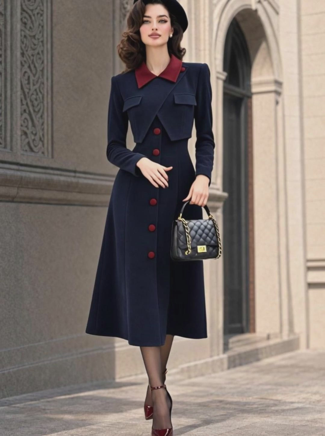 Vintage Color Block Fake Two-Piece Wool Blend Coat