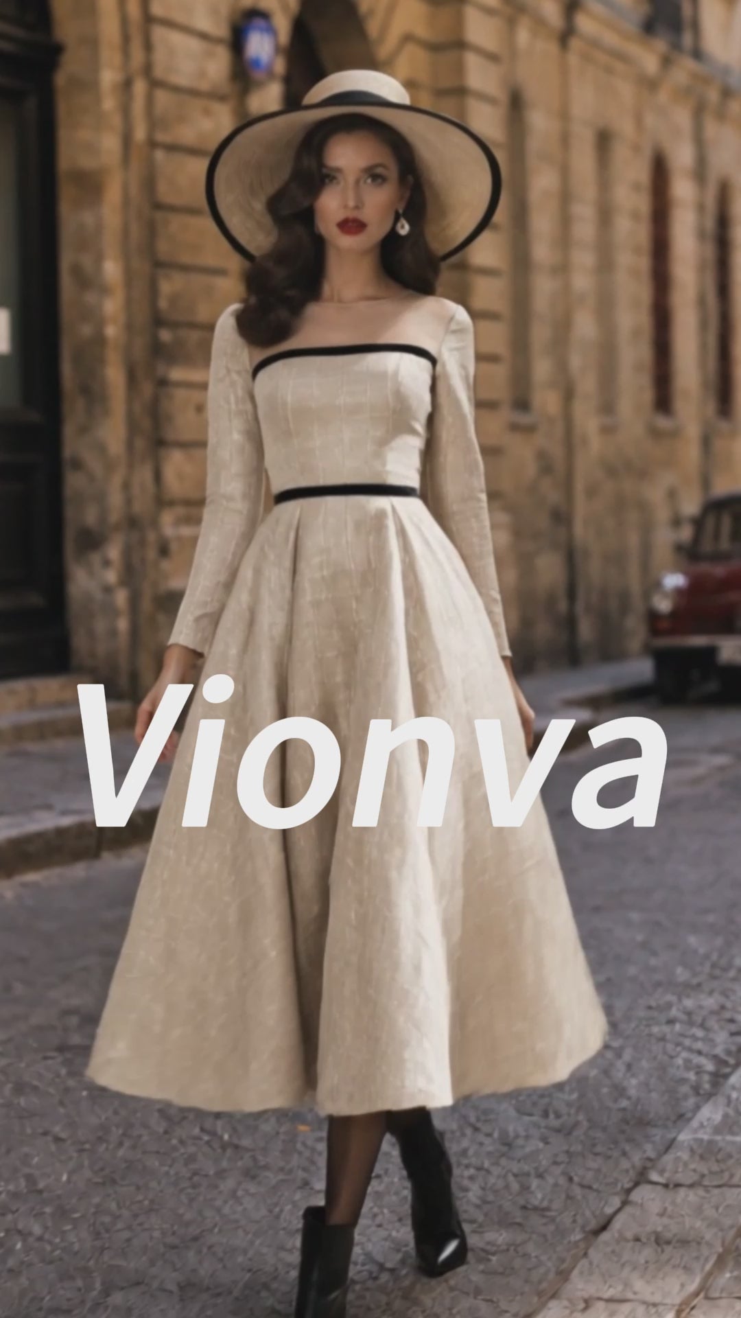 Vintage Cream Windowpane Illusion-Neck Black-Trim A-Line Dress