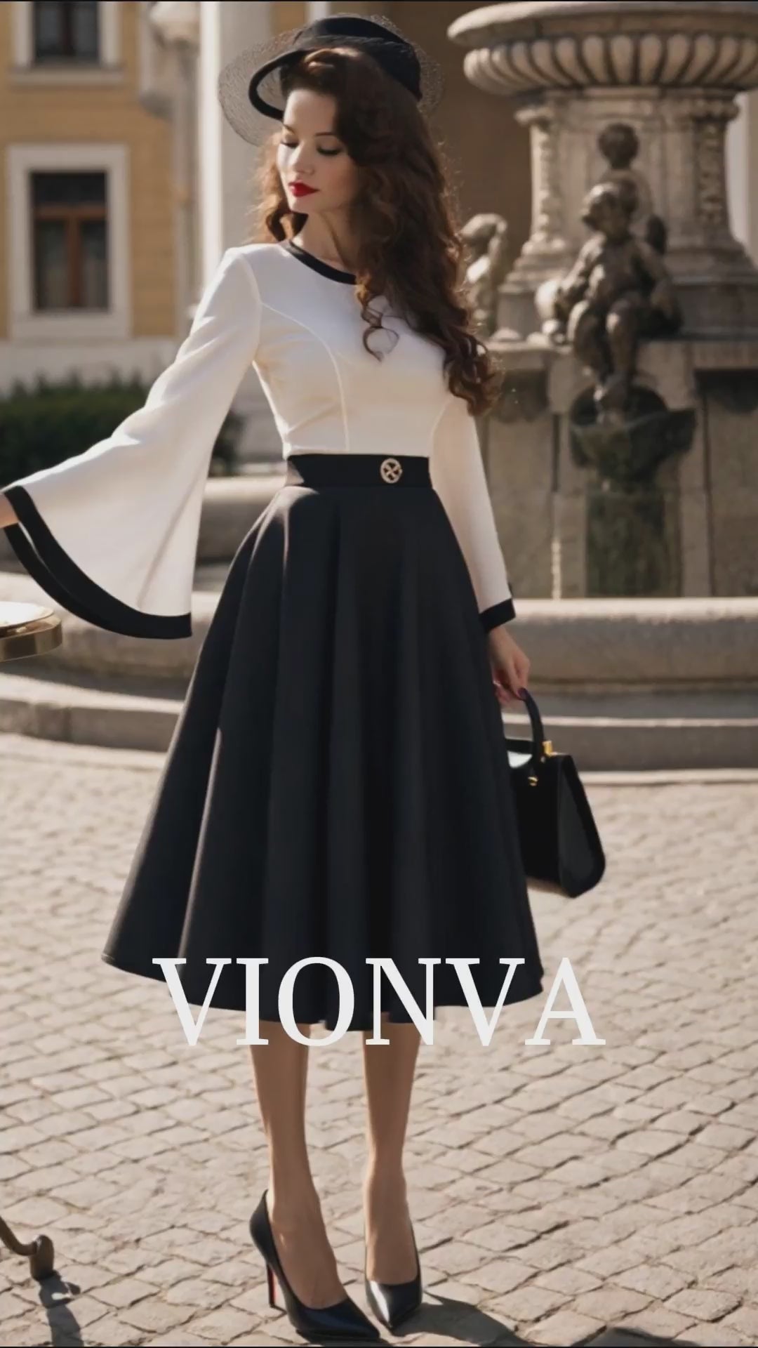 Vintage Black White Contrast Bell Sleeve Midi Dress
