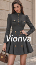 Vintage Military Button Fit-and-Flare Mini Dress