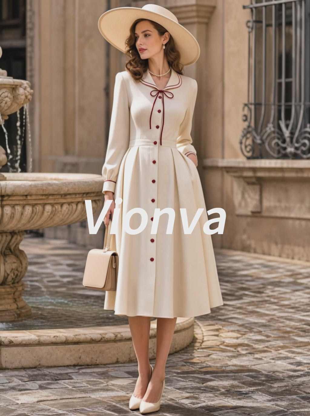 Vintage Cream Bow-Tie Button-Front A-Line Midi Dress