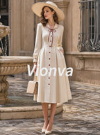 Vintage Cream Bow-Tie Button-Front A-Line Midi Dress