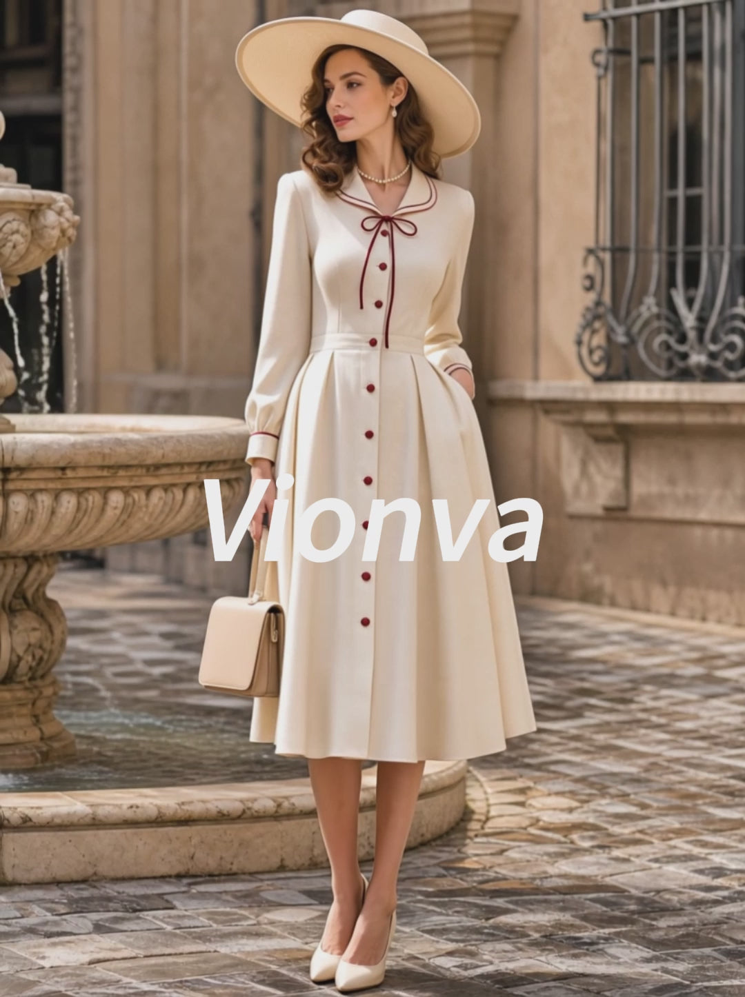 Vintage Cream Bow-Tie Button-Front A-Line Midi Dress