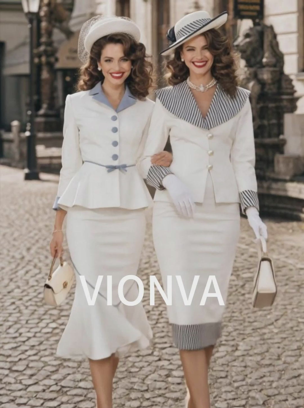 Vintage Hepburn Contrast Collar Belted Blazer Midi Skirt Set