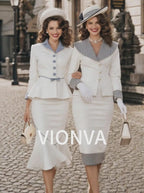 Vintage Hepburn Contrast Collar Belted Blazer Midi Skirt Set