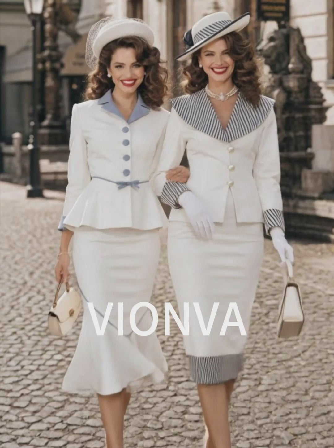 Vintage Hepburn Contrast Collar Belted Blazer Midi Skirt Set