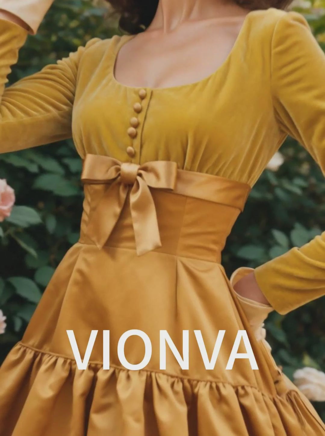 Vintage Mustard Velvet Satin Bow Waist Square Neck Swing Midi Dress
