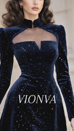 Vintage Velvet Glitter Mesh Cutout High Neck Mini Dress