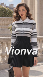 Vintage Stripe Collared Pleated Sweater Dress