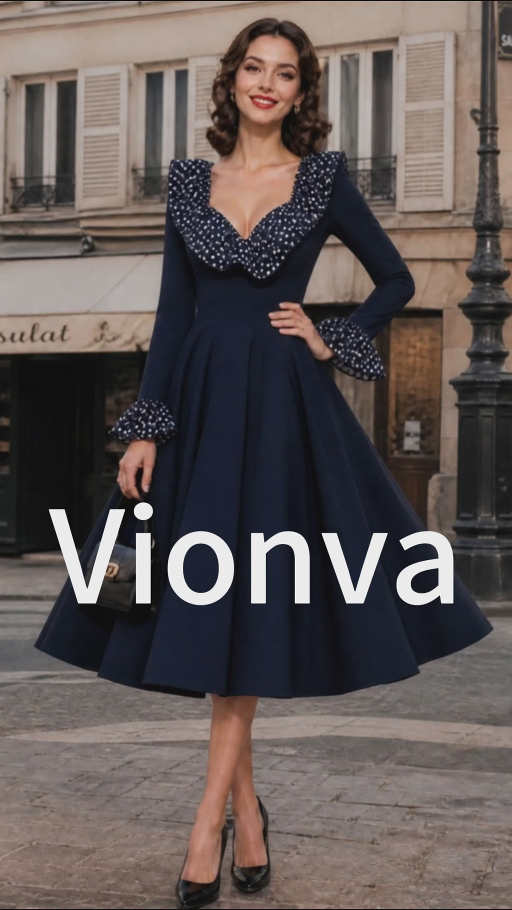 Vintage Navy Polka Dot Ruffle V-Neck Mdidi Dress
