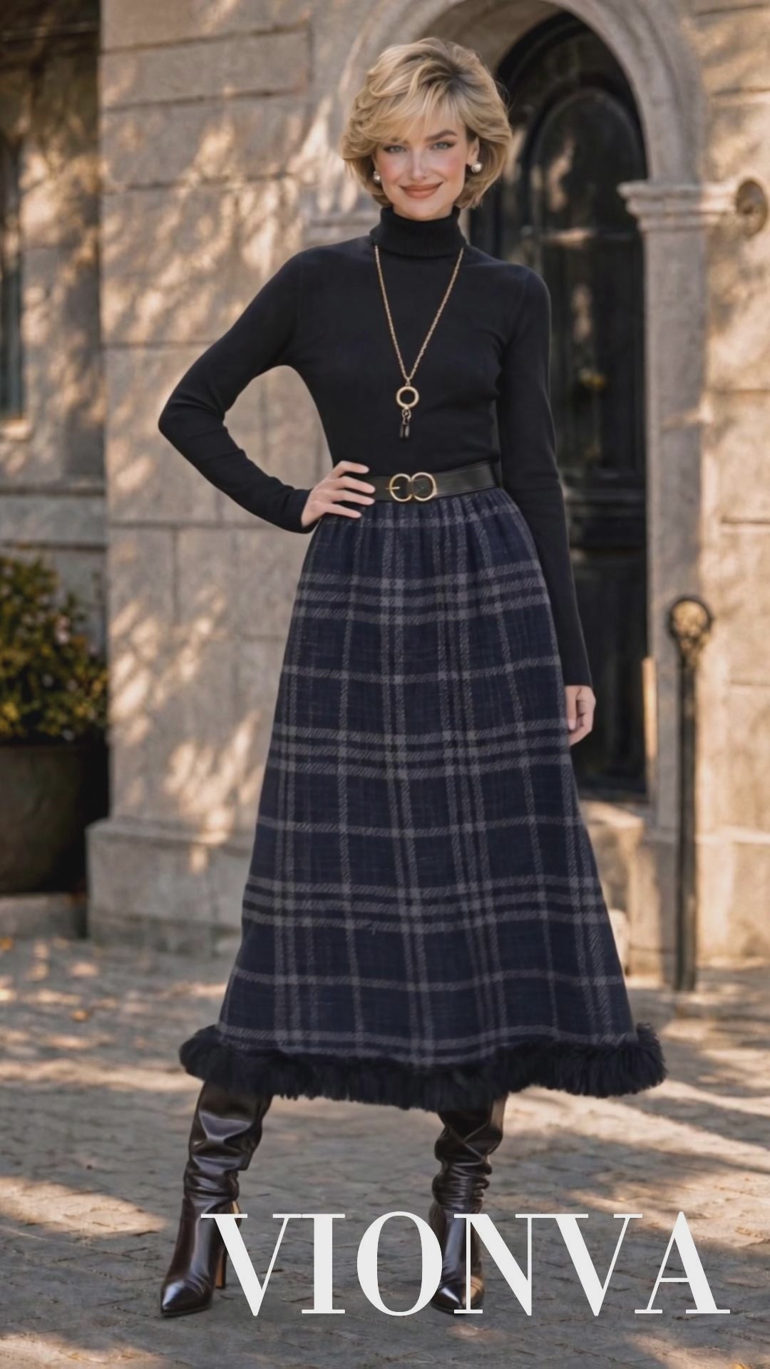 Retro Plaid Fringe Hem Midi Skirt