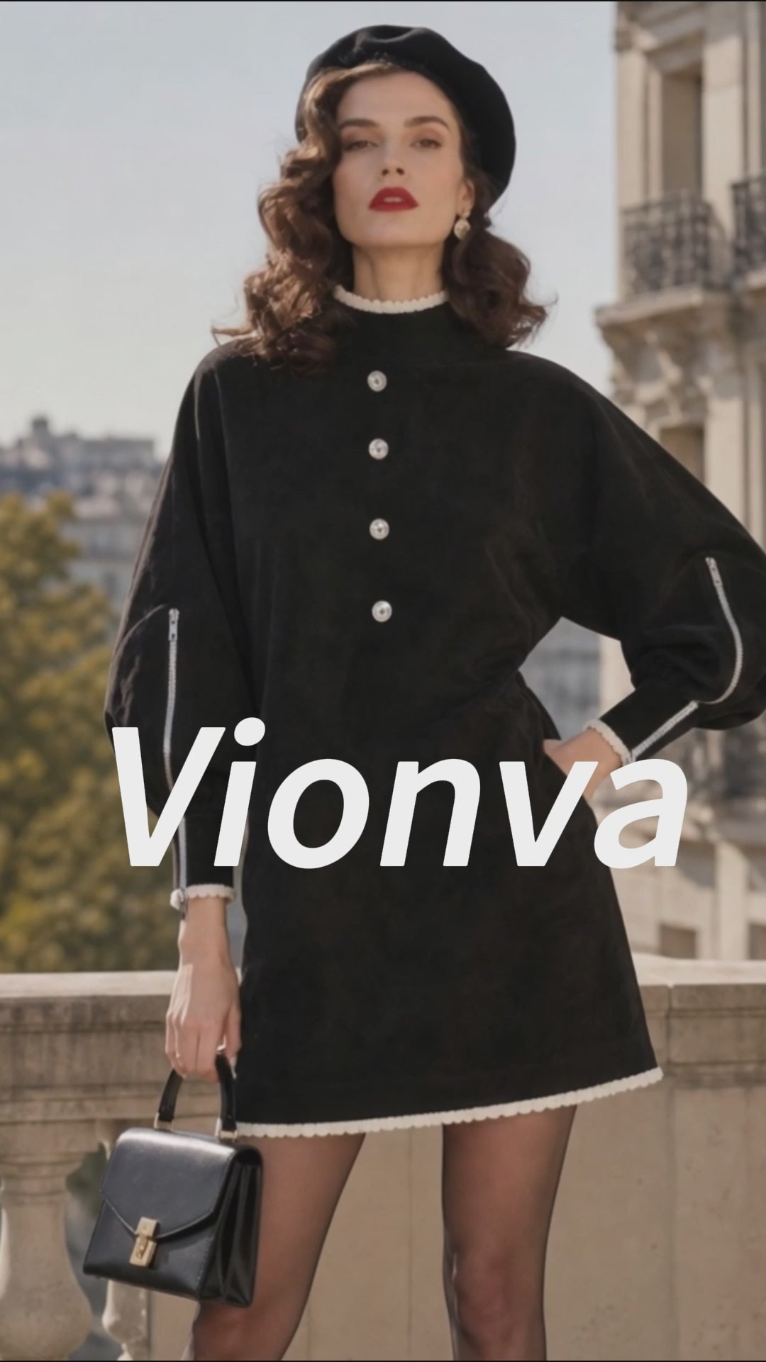 Vintage Black Cream-Trim Pearl-Button Faux Suede Shift Dress