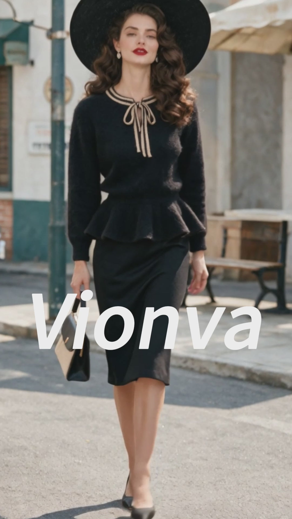 Vintage Black Contrast Bow-Tie Neck Peplum Knit Sweater