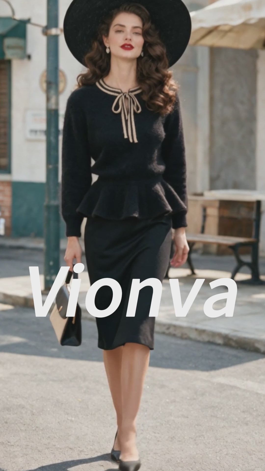 Vintage Black Contrast Bow-Tie Neck Peplum Knit Sweater
