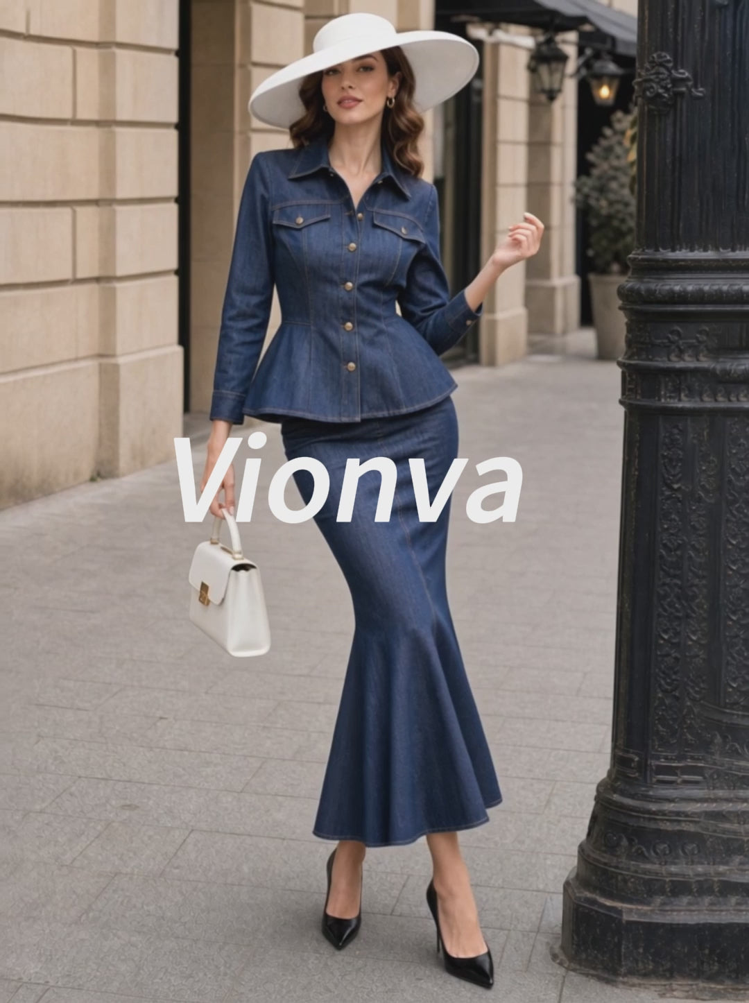 Vintage Denim Peplum Jacket & Fishtail Skirt Set