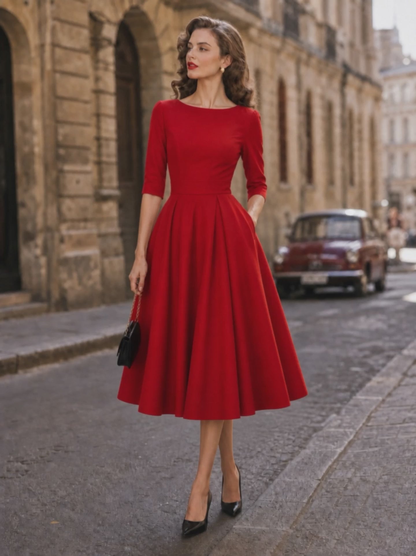1950s-Inspired Red 3/4 Sleeve Full-Skirt Midi Dress With Pockets
