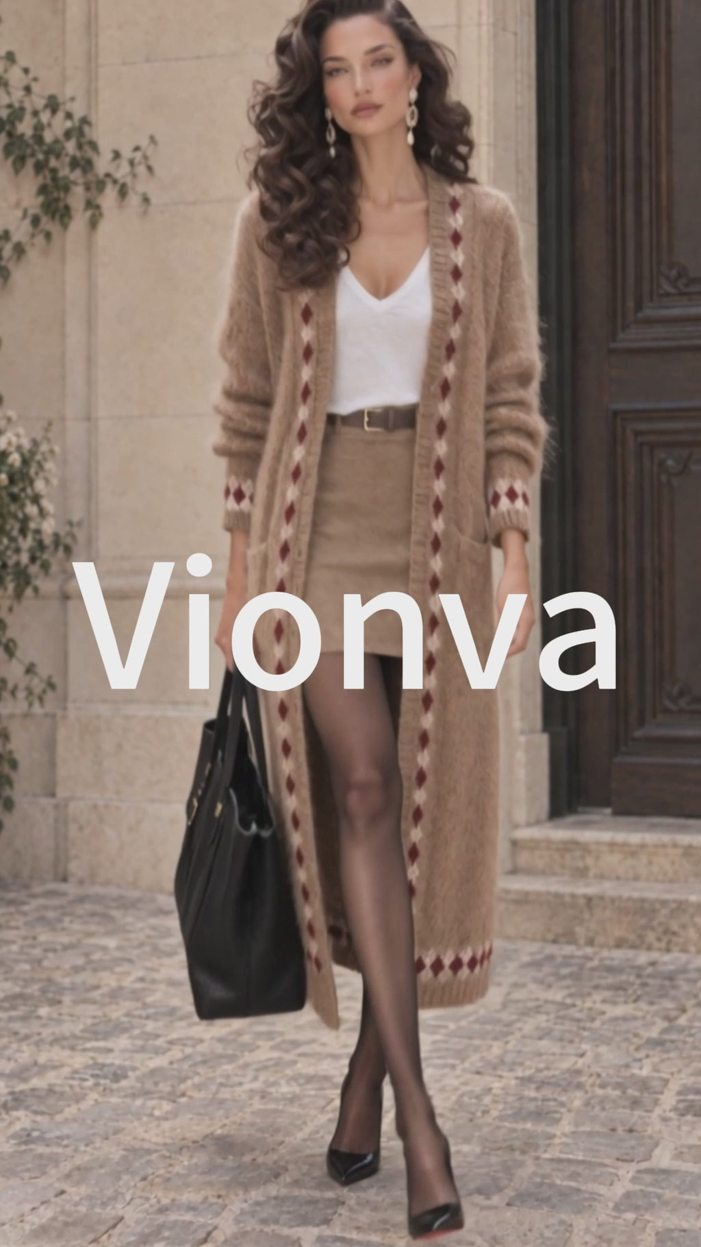 Vintage Camel Argyle-Print Mohair Longline Knit Cardigan