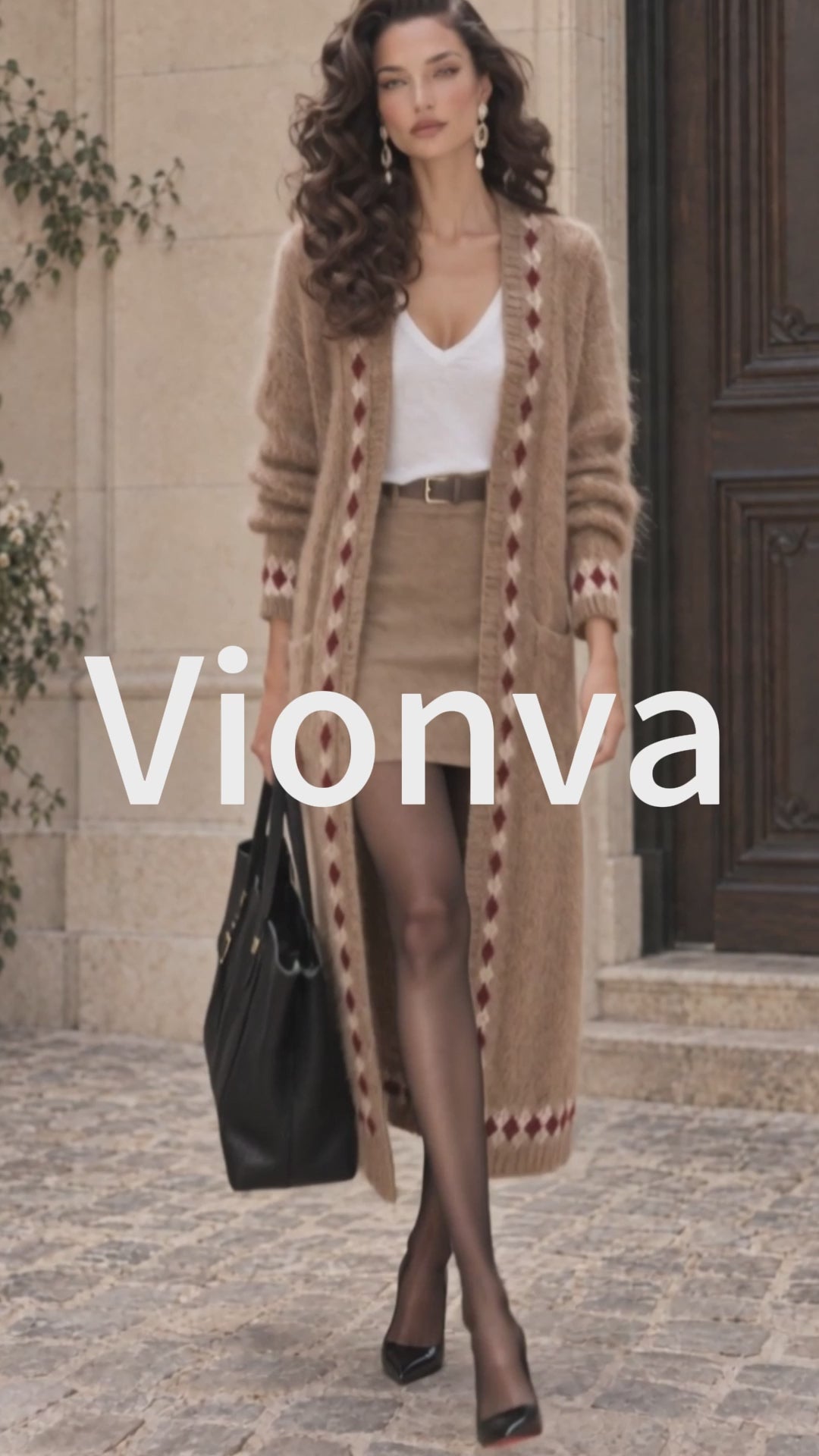 Vintage Camel Argyle-Print Mohair Longline Knit Cardigan