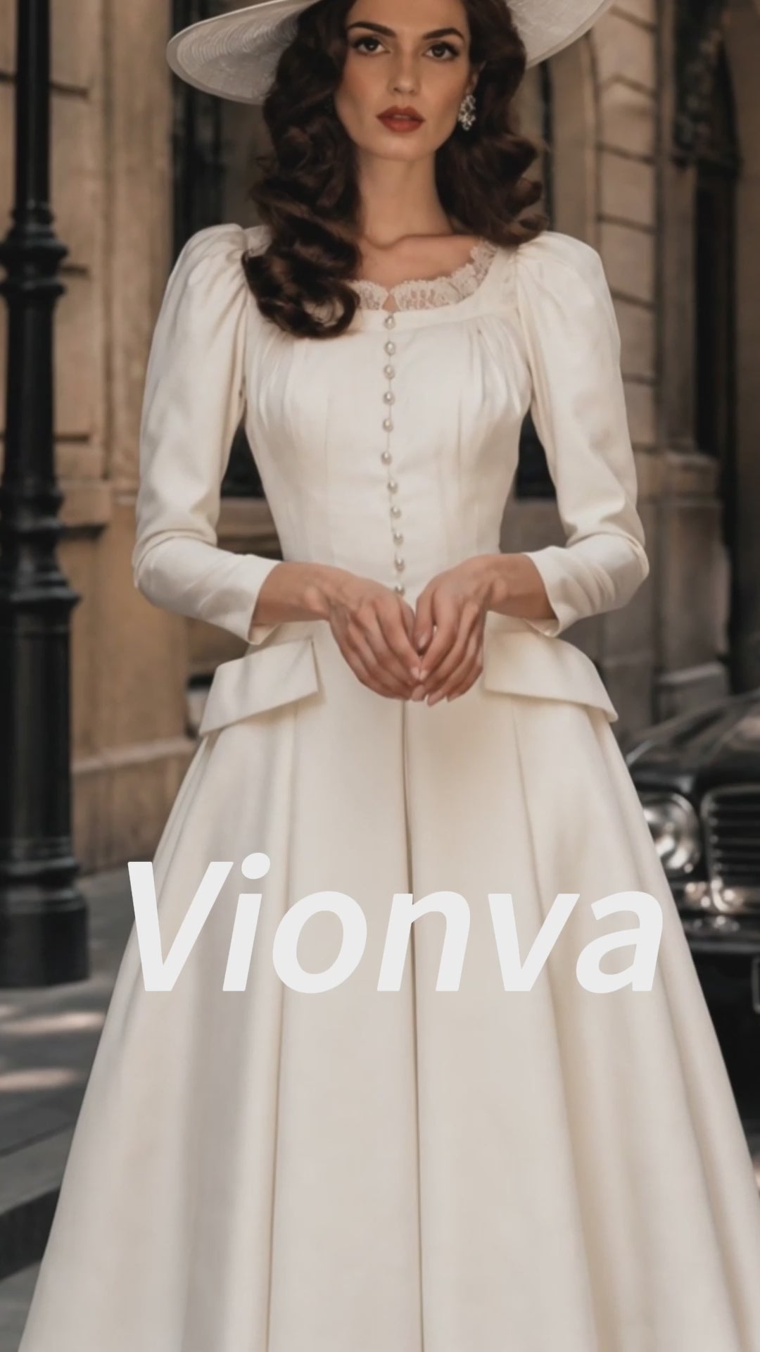 Vintage Ivory Pearl-Button Lace-Trim Puff-Sleeve A-Line Dress