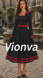 Vintage Black Red-Trim Long Sleeve A-Line Dress