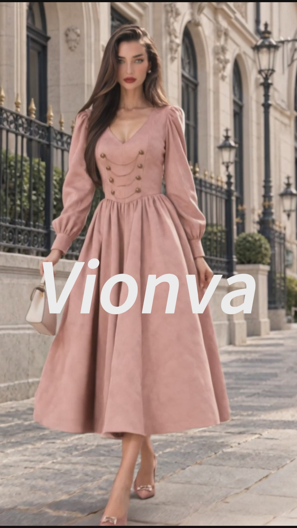 Vintage Chain-Trim Gold-Button Pink Suede Midi Dress