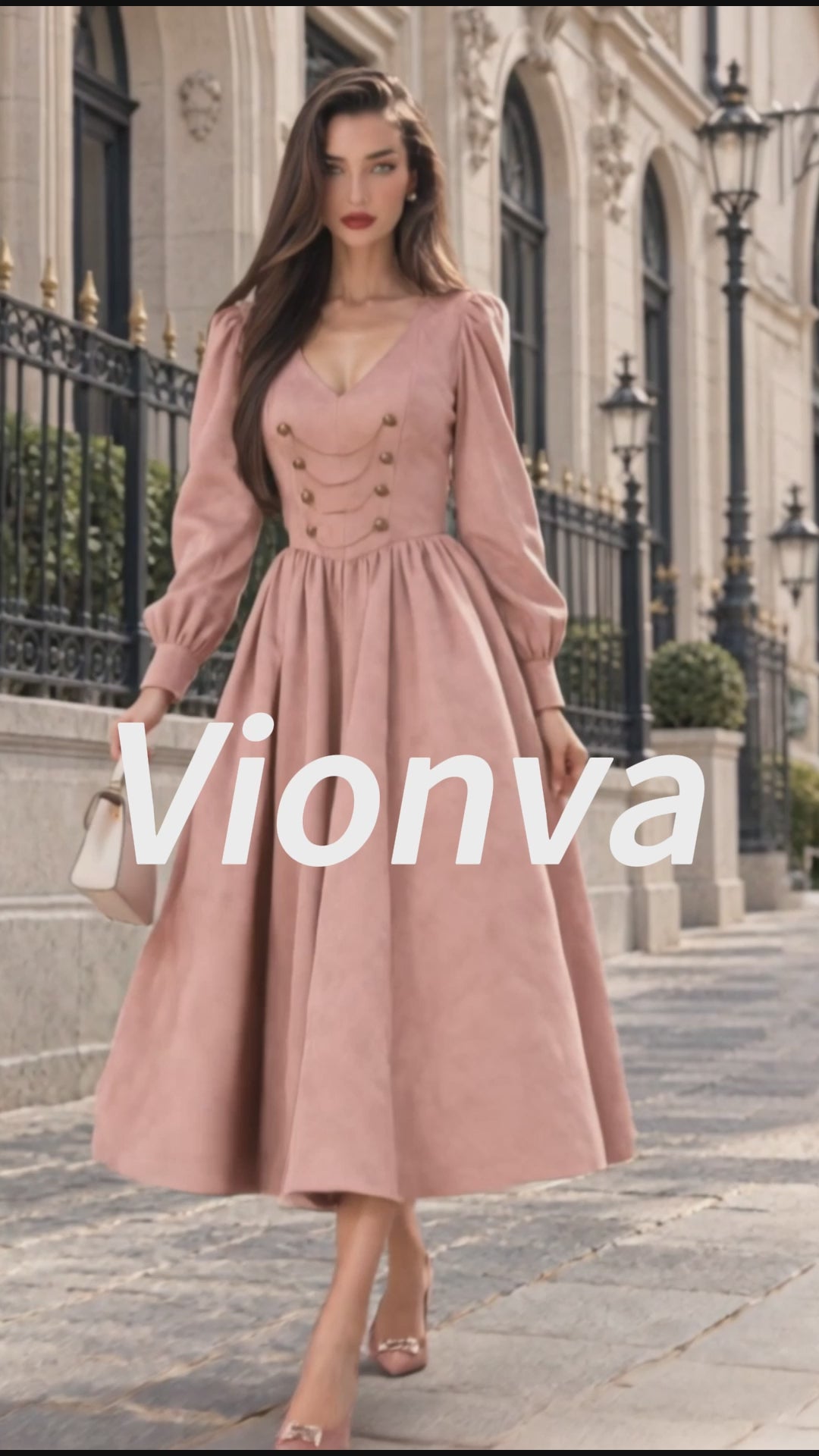 Vintage Chain-Trim Gold-Button Pink Suede Midi Dress