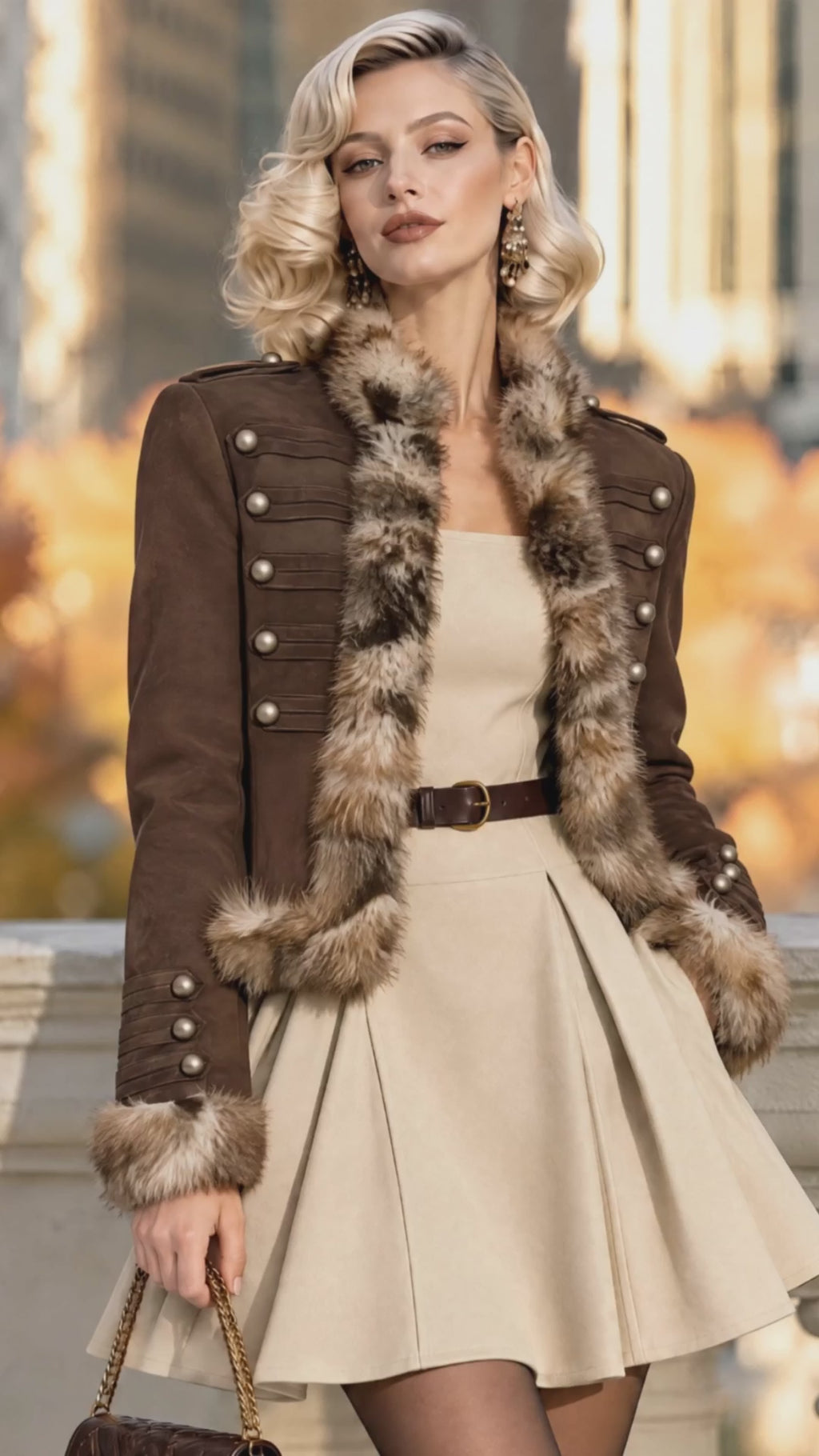 Vintage Mixed Faux Fur Trim Military Jacket