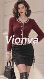 Vintage Claret Ruffle-Trim Mohair Knit Cardigan