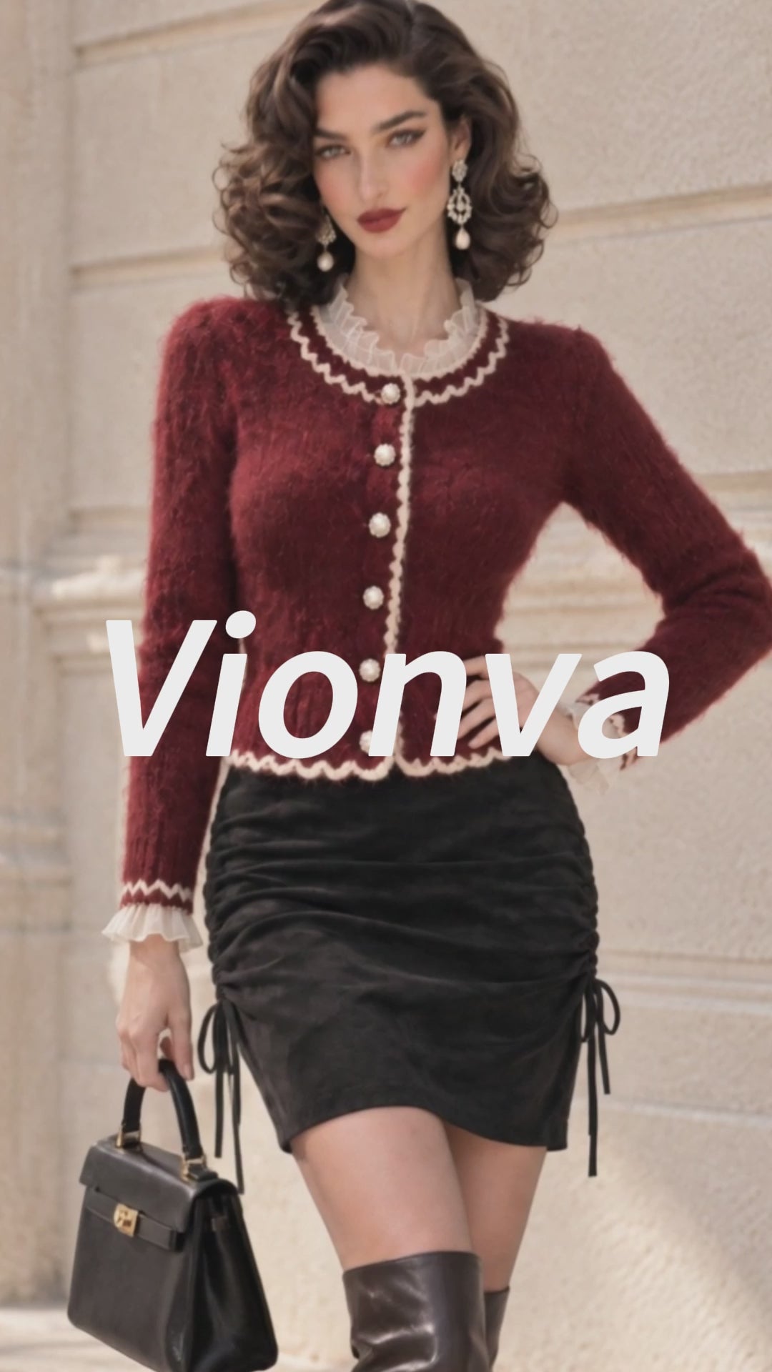 Vintage Claret Ruffle-Trim Mohair Knit Cardigan