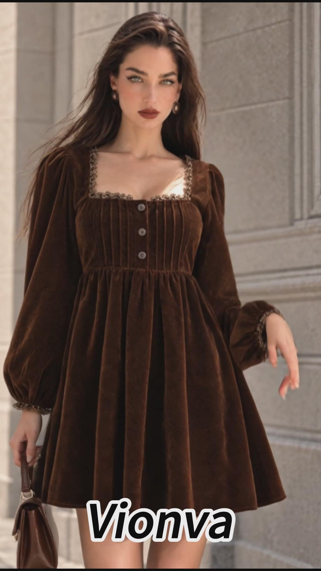 Vintage Brown Velvet Puff Sleeve Mini Dress