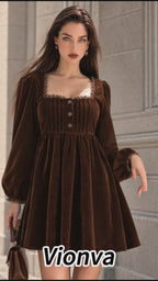 Vintage Brown Velvet Puff Sleeve Mini Dress