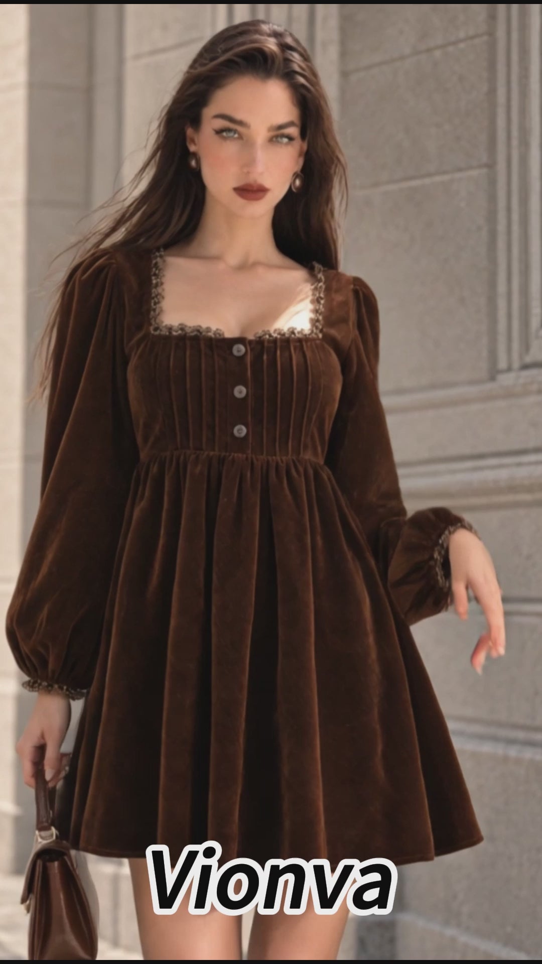 Vintage Brown Velvet Puff Sleeve Mini Dress