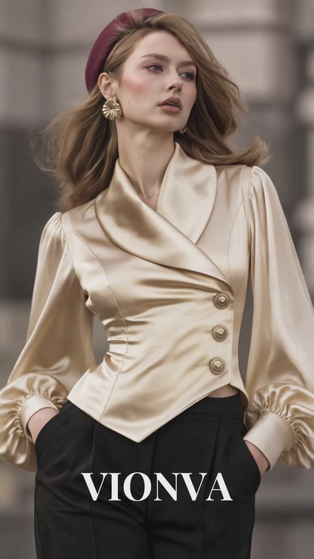 Vintage Satin Collar Long Sleeve Blouse