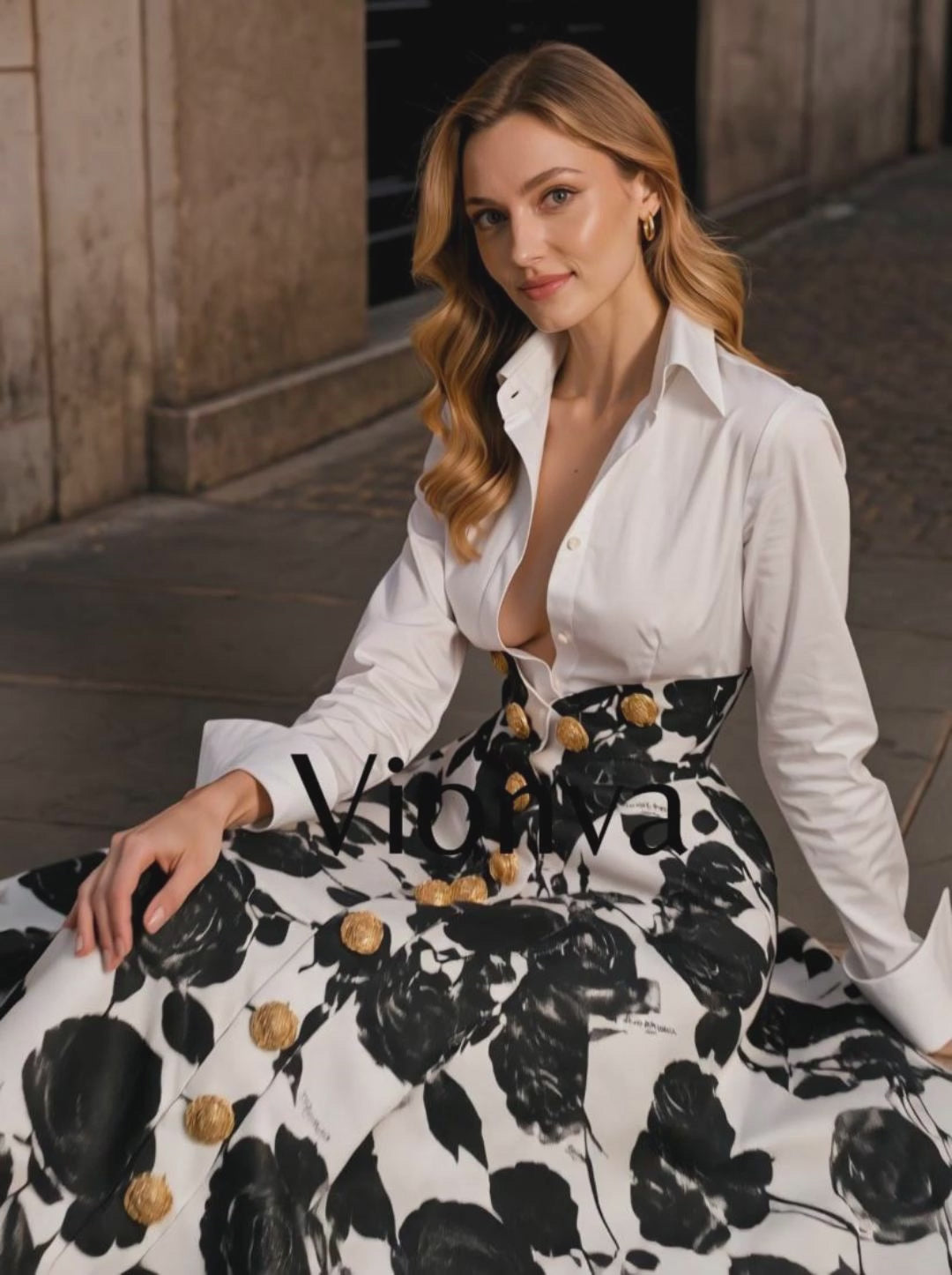 Vintage Floral Print High-Waist Skirt & Shirt Two Piece Set
