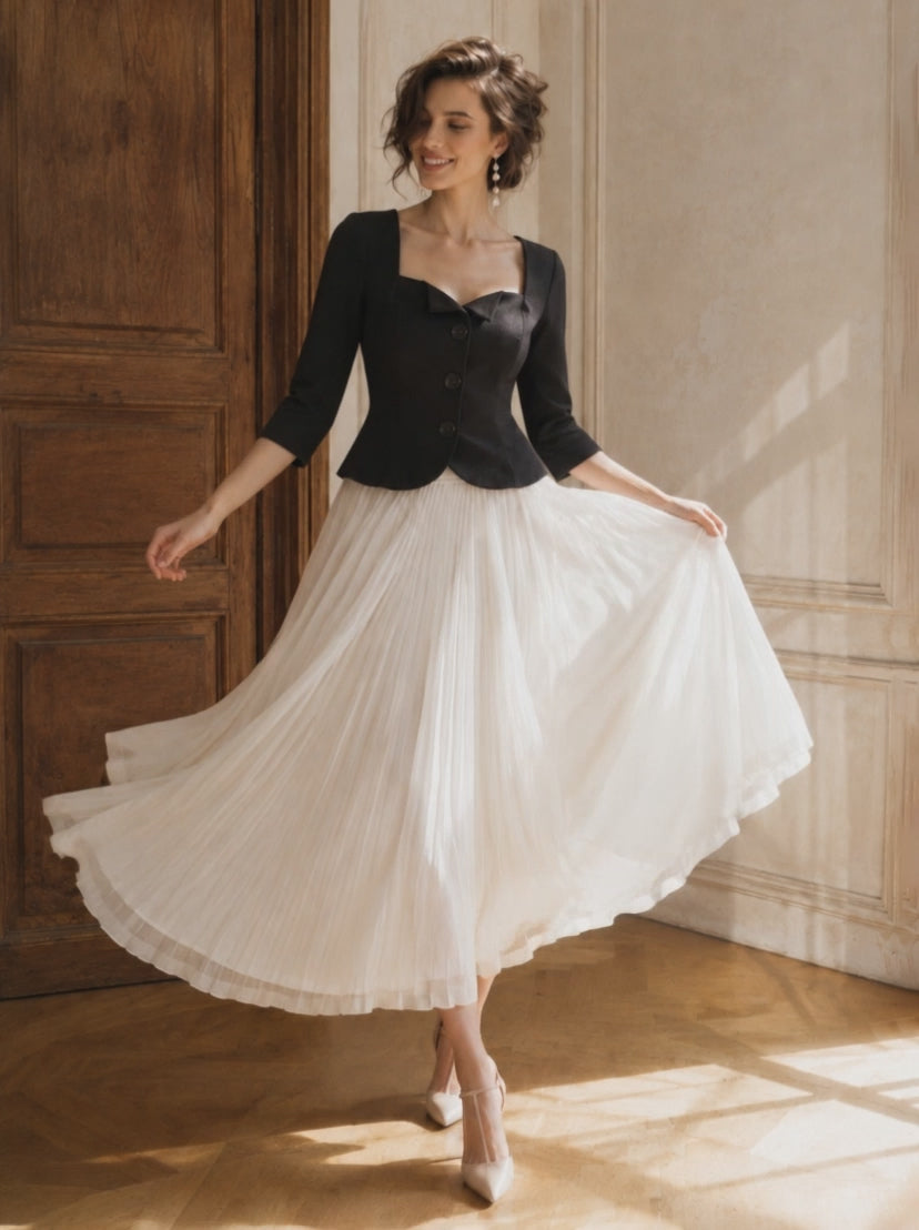 Vintage Square Neck Top & Pleated A-Line Skirt Two-Piece Set