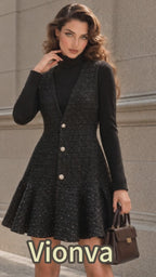 Vintage Black Tweed Pearl Button Flounce Dress Set