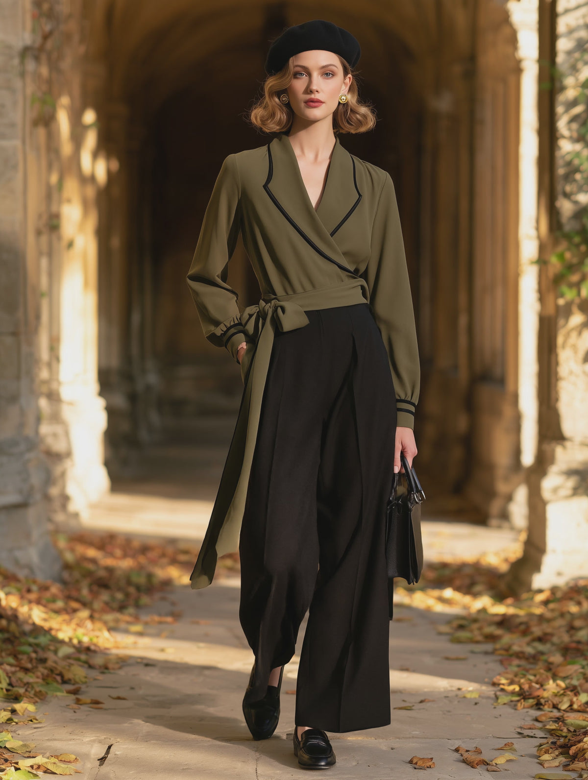 Vintage Olive Green Wrap Top with Black Piping Shawl Collar Tie-Waist Blouse