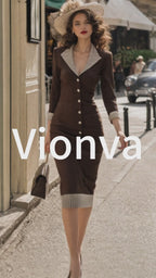Vintage Brown Striped Trim Bodycon Midi Dres