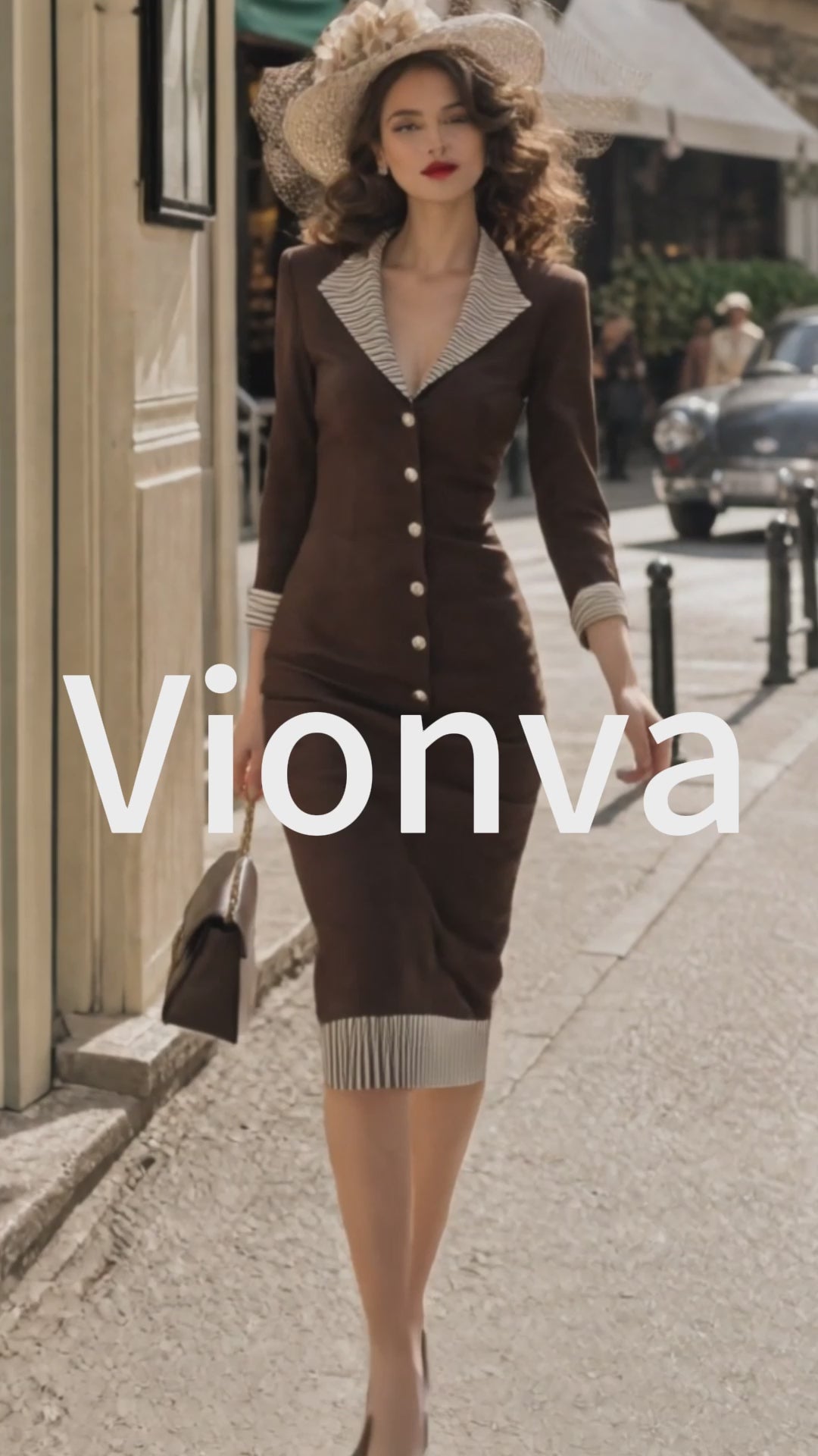 Vintage Brown Striped Trim Bodycon Midi Dres
