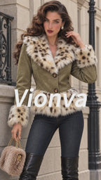 Vintage Leopard Faux Fur Trim Faux Suede Jacket